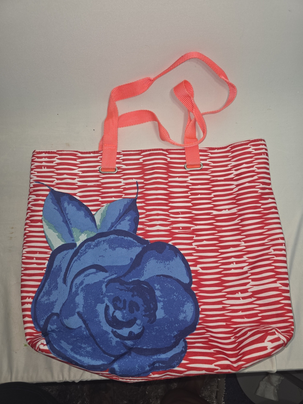 Lancome Pink Striped Tote with Blue Floral Accent